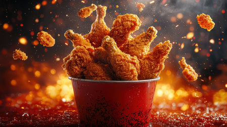Golden fried chicken piled in a bucket, crispy on the outside and tender on the inside, perfect for advertising campaigns.の素材
