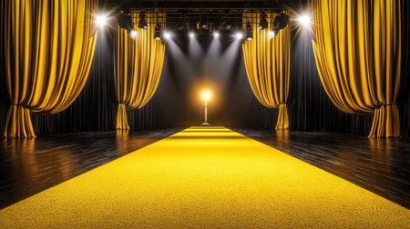 A vibrant yellow carpet guides the way to a grand stage, with drapes dramatically parting to reveal a glowing, spotlighted centerpiece.の素材