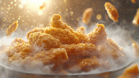 Golden crispy fried chicken piled high in a bucket, steaming hot, and deliciously appetizing, perfect for food promotions.の素材