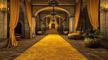 A rich yellow carpet leading to a grand stage, curtains unfolding to reveal a spotlighted centerpiece. Realistic textures and lighting create a stunning scene.の素材