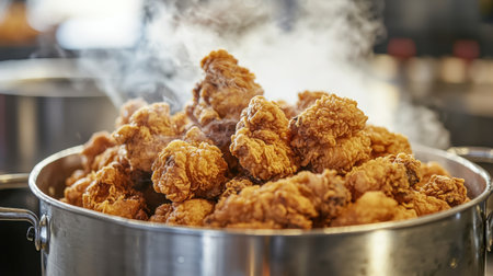 Steaming bucket of crispy, golden fried chicken, perfect for fast food promotions with mouthwatering appeal.の素材
