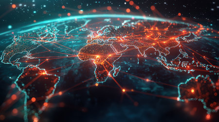 World map with neon trade routes weaving through continents, demonstrating the flow of global commerce and the interconnectivity of nations.の素材