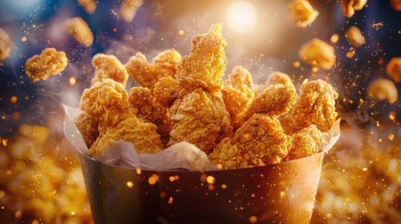 Golden, crispy fried chicken in a bucket, steaming hot, and ready to enjoy, ideal for fast food advertisements.の素材