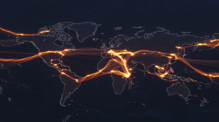 Vibrant world political map showcasing glowing neon trade routes between continents, highlighting global commerce and interconnectivity.の素材