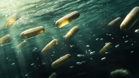 Underwater image of scattered pills, their glossy surfaces catching the light in a surreal, dreamlike scene that evokes a sense of calm and mystery.の素材