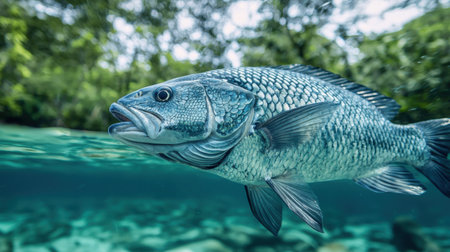 A barramundi fish calmly gliding through the murky river water.の素材