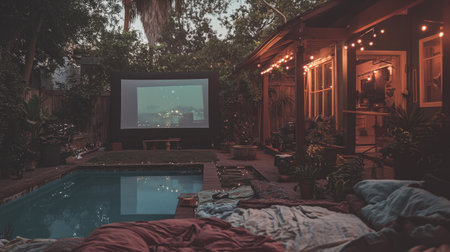A dreamy backyard movie night with a large screen, cozy blankets, and twinkling string lights under the stars.の素材