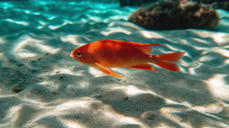 A bright red parrotfish moving slowly over a sandy ocean floor.の素材
