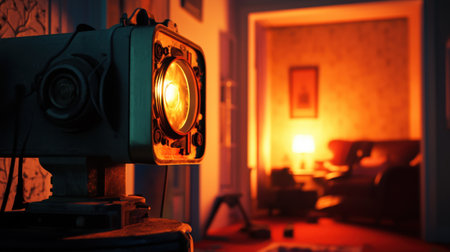 A cozy home theater setting where an old film projector illuminates the darkness with warm, flickering light.の素材