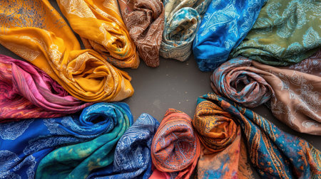 A collection of tie-dye bandanas and scarves artfully arranged in a circular pattern.の素材