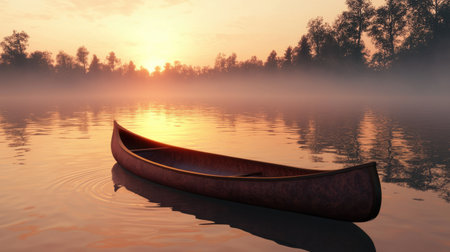 A lone canoe drifting through a foggy forest river, creating ripples in the glassy water.の素材