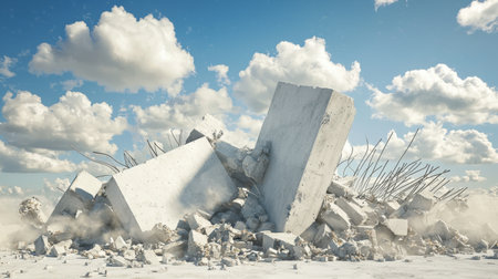 A chaotic demolition site with shattered concrete slabs and tangled metal rods under a dusty sky.の素材