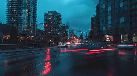 A busy street at sunset, city lights beginning to glow as people rush home.の素材