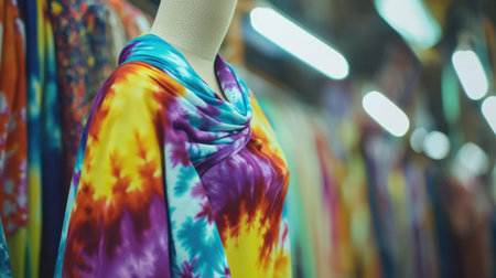 A close-up of tie-dye fabric draped over a mannequin, showcasing its fluid design.の素材