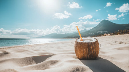 A chilled coconut drink on soft white sand, capturing the essence of a summer festival.の素材