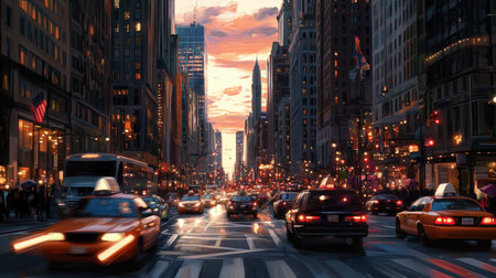 A dynamic cityscape at dusk, where traffic, streetlights, and pedestrians create vibrant energy.の素材