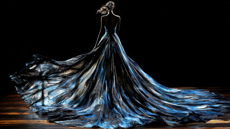 A flowing chiffon gown displayed on a mannequin, fabric rippling under gentle lighting.の素材