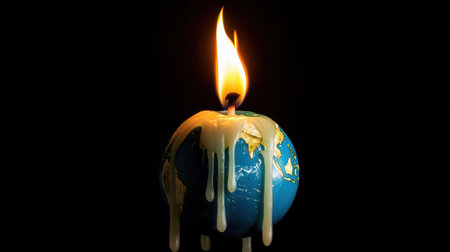 A burning Earth-shaped candle with fiery poles, dripping wax as a stark warning of global warming.の素材