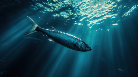 A lonely sardine lost in the middle of the vast blue sea.の素材