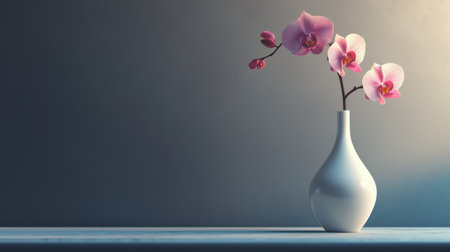 A delicate pink orchid in a simple white vase, capturing the essence of modern elegance.の素材
