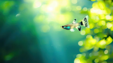 A peaceful guppy fish swimming alone in a serene aquarium.の素材