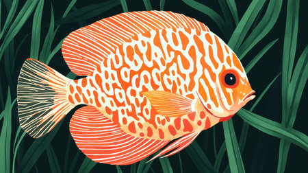 A graceful discus fish swimming alone in a lush, green aquarium.の素材