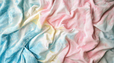 A mix of pastel and neon tie-dye fabrics arranged aesthetically on a soft, neutral background.の素材