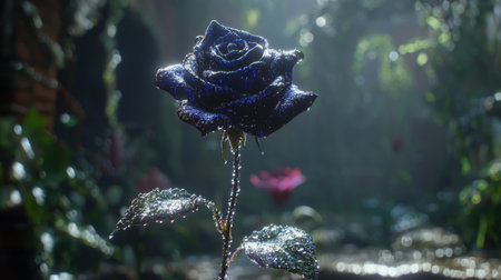 A deep blue rose with fresh dewdrops, capturing an ethereal, tranquil morning moment.の素材