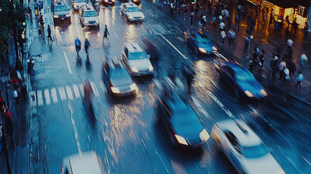 A lively urban scene at twilight, where crowds move through the city as cars pass by.の素材