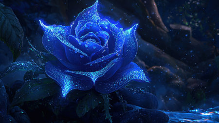 A mystical blue rose covered in glistening dew, bathed in gentle dawn light.の素材