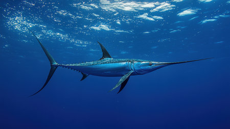 A lone swordfish slicing through the deep blue ocean, its sharp fin visible.の素材