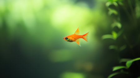 A peaceful guppy fish swimming alone in a serene aquarium.の素材