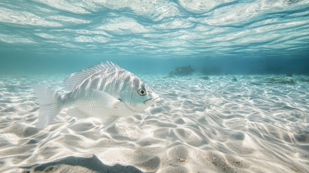 A silver snapper fish moving gracefully through crystal-clear water.の素材