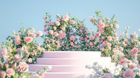 A soft pastel-themed 3D podium adorned with elegant floral and leafy accents, glowing with freshness.の素材