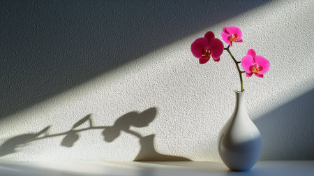A stunning pink orchid standing tall in a pure white vase, with soft shadows enhancing its beauty.の素材