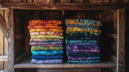 A stack of tie-dye cloth in various hues, arranged aesthetically on a rustic wooden shelf.の素材