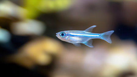 A single neon tetra floating in a softly lit aquarium, its colors glowingの素材
