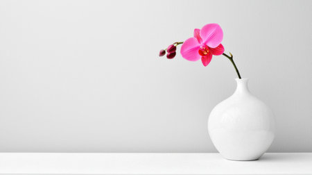 A single pink orchid elegantly placed in a sleek white vase, radiating minimalistic beauty.の素材