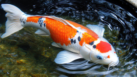 A single koi fish swimming peacefully in a tranquil garden pond.の素材