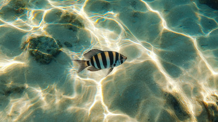 A single zebra fish swimming through clear, tranquil waters.の素材