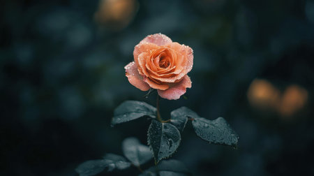 A soft-focus shot of a pink rose, highlighting its velvety petals covered in dew.の素材