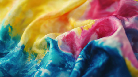 Close-up of tie-dye fabric with intricate spiral patterns in bold, contrasting colors.の素材