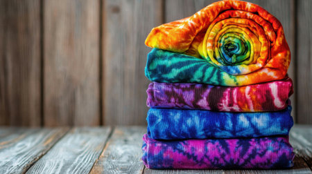 Vibrant tie-dye fabric set neatly folded on a wooden table, displaying a spectrum of bright swirling colors.の素材