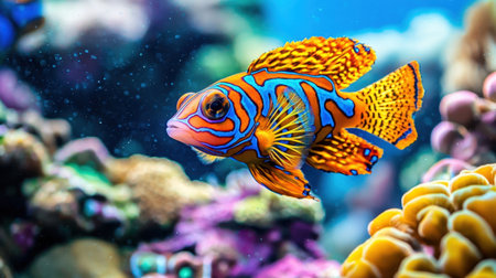 A vibrant mandarin fish swimming in solitude near a coral reef.の素材