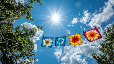 Outdoor scene with tie-dye cloths drying on a clothesline against a sunny blue sky.の素材
