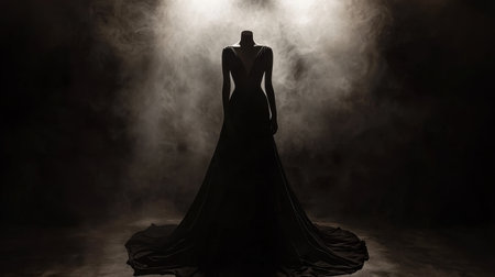 Elegant long dress draped over a mannequin, illuminated by soft spotlights in a stylish boutiqueの素材
