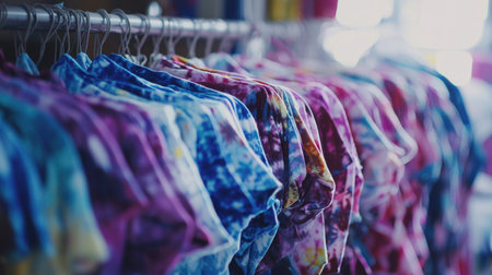 A tie-dye workshop setting, with fabric dye, rubber bands, and freshly dyed cloth on display.の素材