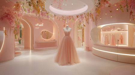 Softly lit boutique with a gorgeous flowing dress on a mannequin in the center.の素材