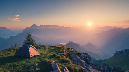 A tranquil morning camping setup, with a tent facing the rising sun and endless mountain views.の素材