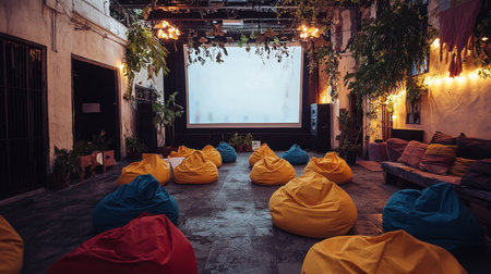 Soft fairy lights illuminating an outdoor movie setup with comfy bean bags and a glowing screen.の素材